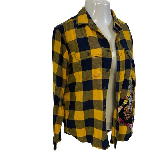 Flannel Shirt Women Large Yellow Tiger Grunge Camp Rock Country Upcycled Crochet - Picture 8 of 16